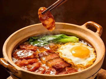 筷子举起一片腊肠煲仔饭