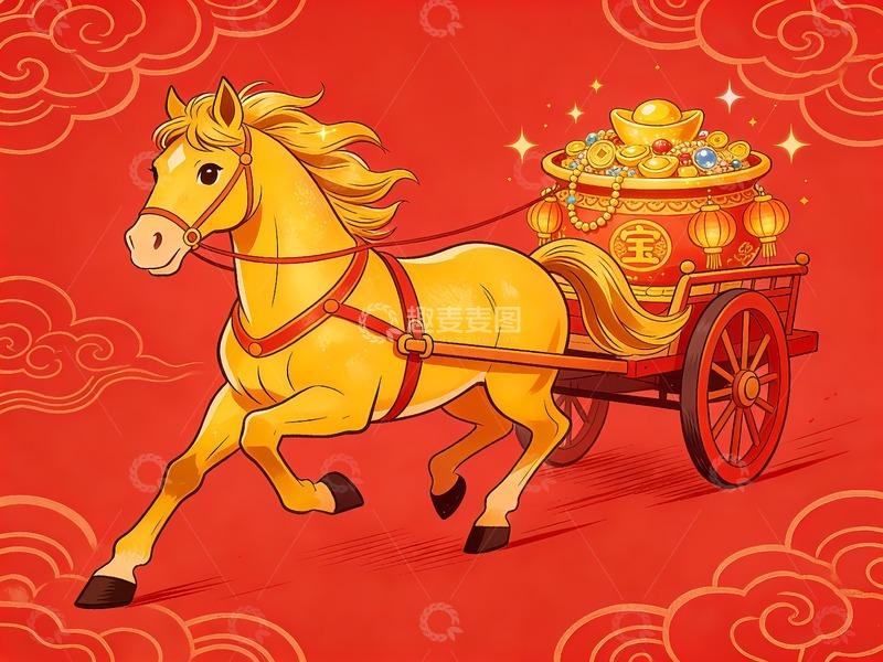 高清大图下载【趣麦麦图】一匹金马拉着聚宝盆