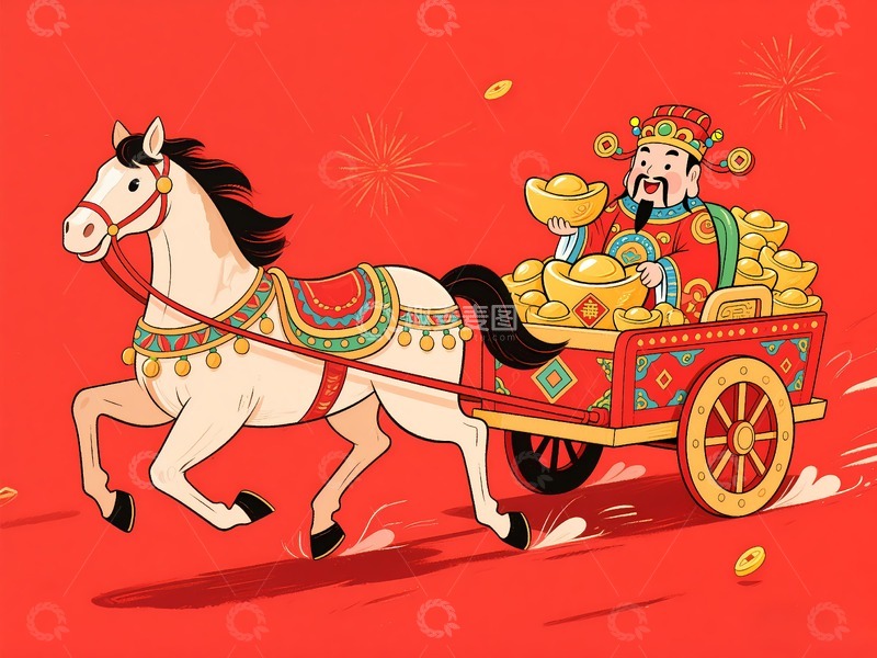 高清大图下载【趣麦麦图】一匹马拉着财神和聚宝盆