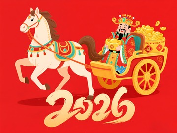 一匹白色马拉着聚宝盆和财神爷