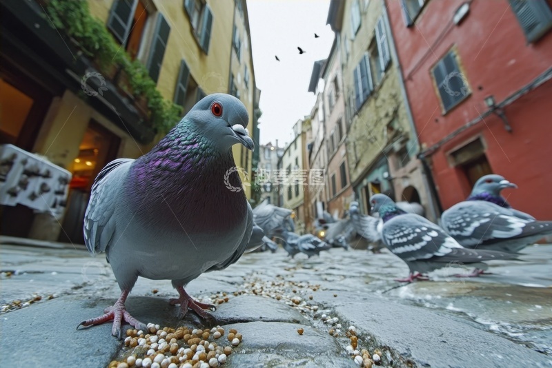 高清大图下载【趣麦麦图】街头一群吃食的鸽子
