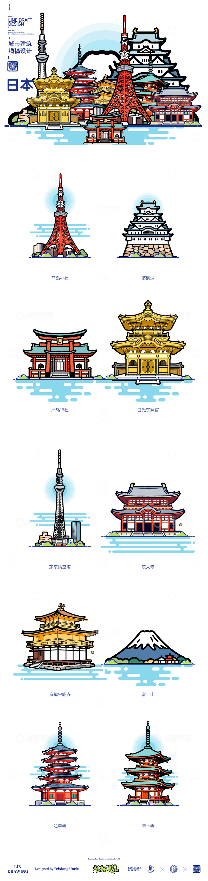 源文件下载【趣麦麦图】-日本城市地标矢量建筑线描海报