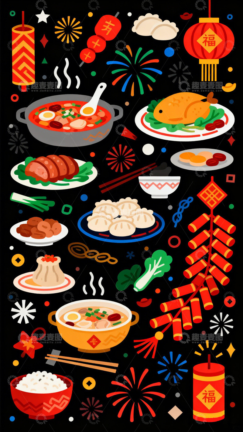 高清大图下载【趣麦麦图】春节美食节庆插画