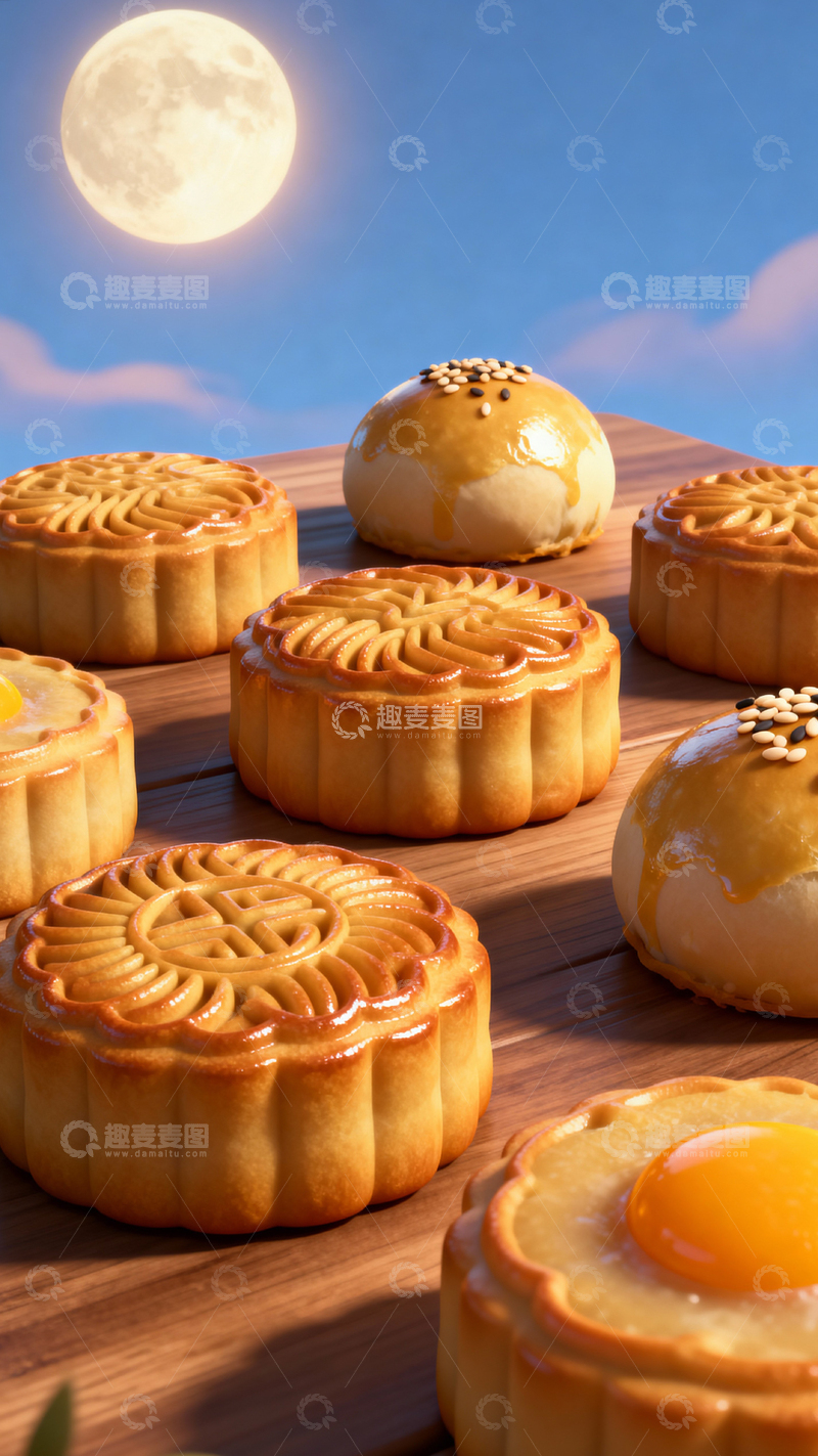高清大图下载【趣麦麦图】 中秋节月饼背景_竖屏003