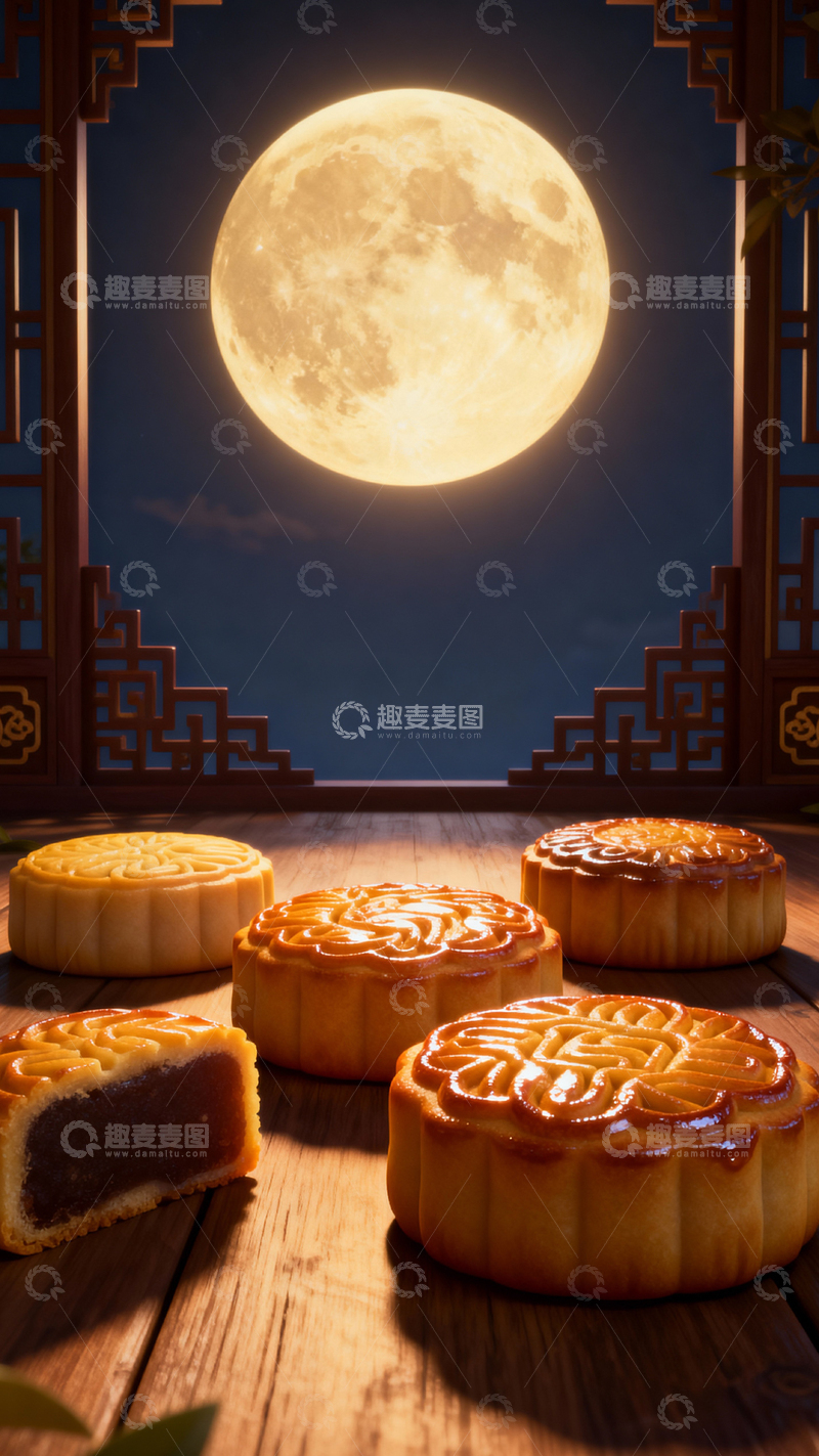 高清大图下载【趣麦麦图】 中秋节月饼背景_竖屏001