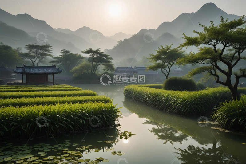 高清大图下载【趣麦麦图】山水间中式园林田园风光