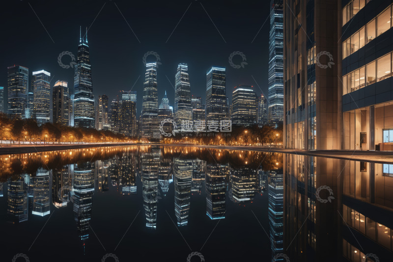 高清大图下载【趣麦麦图】夜晚城市高楼倒影景观