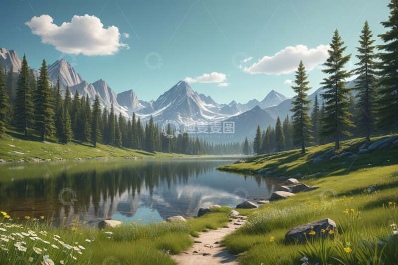 高清大图下载【趣麦麦图】山林间宁静湖泊自然风光