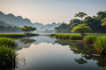 山水间宁静的自然风景