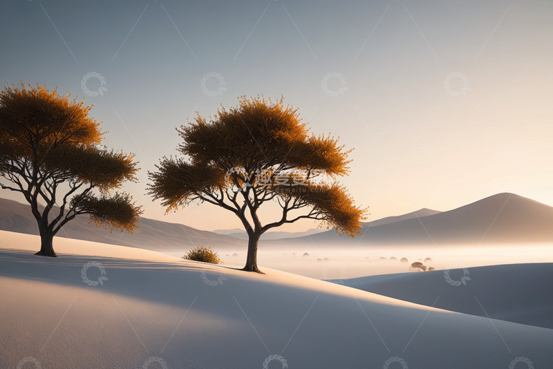 高清大图下载【趣麦麦图】沙漠中的两棵树木景观