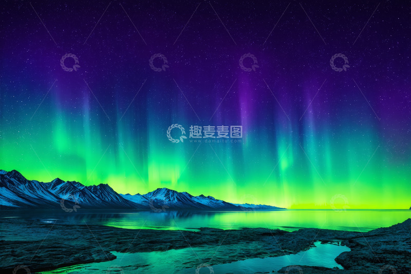 高清大图下载【趣麦麦图】极光下的雪山湖泊景观