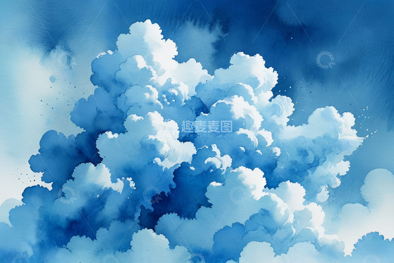 高清大图下载【趣麦麦图】蓝色天空中的水彩风格云朵