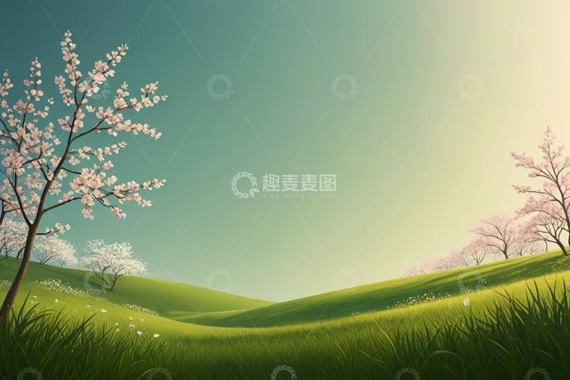 高清大图下载【趣麦麦图】春日草地与盛开樱花树风景