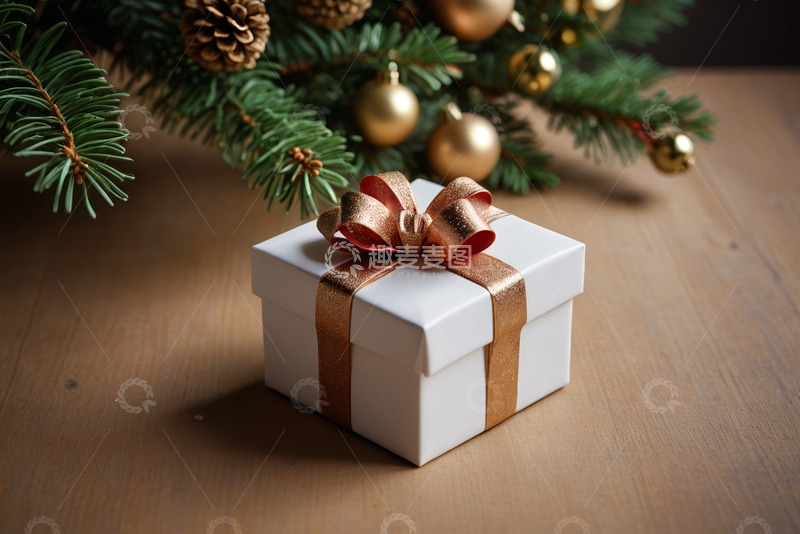 高清大图下载【趣麦麦图】圣诞装饰旁的白色礼品盒