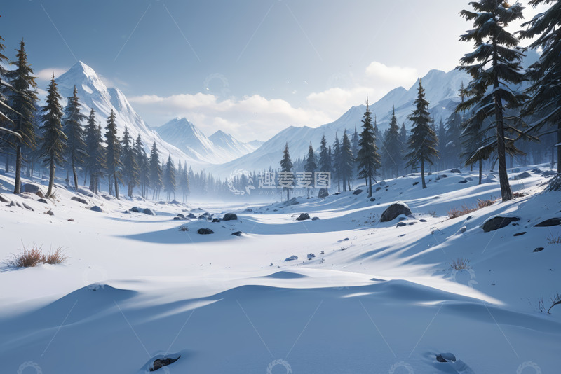 高清大图下载【趣麦麦图】雪山下的森林雪景