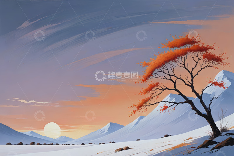 高清大图下载【趣麦麦图】雪山旁的孤树与落日景观