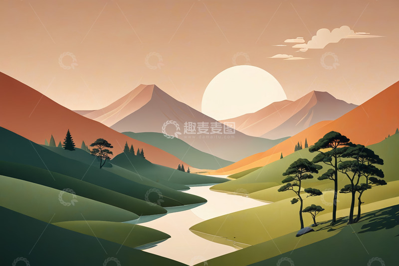 高清大图下载【趣麦麦图】山谷河流与落日自然风光