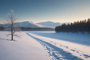 冬日雪地山林与孤树景象