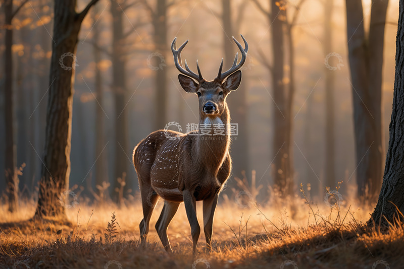 高清大图下载【趣麦麦图】森林中站立的带角梅花鹿