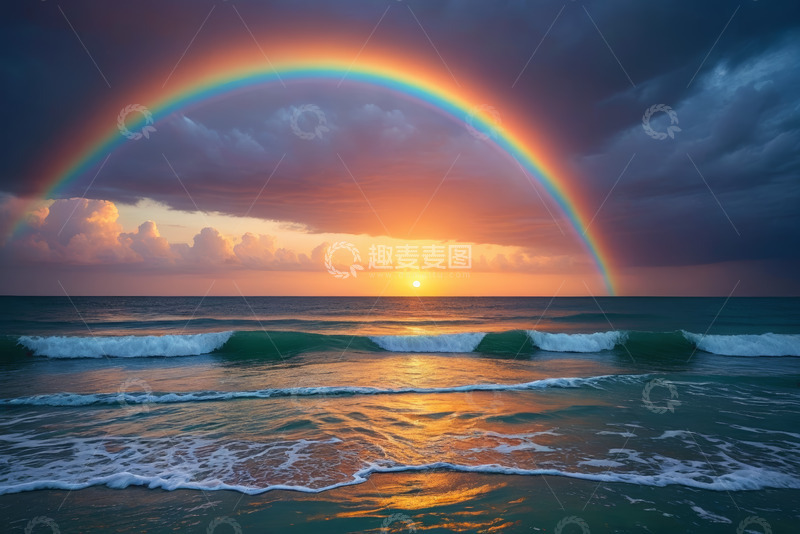 高清大图下载【趣麦麦图】海边日落时分的彩虹景观