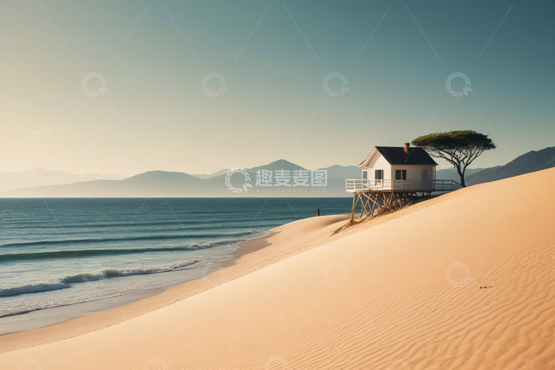 高清大图下载【趣麦麦图】海边沙丘上的小屋与海景