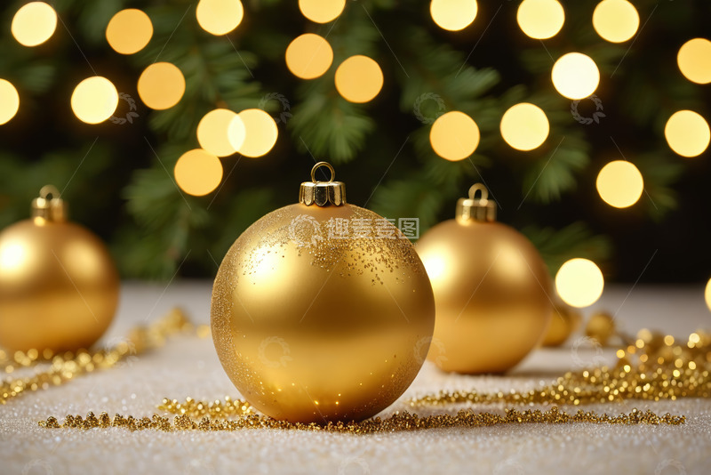 高清大图下载【趣麦麦图】金色圣诞装饰球特写