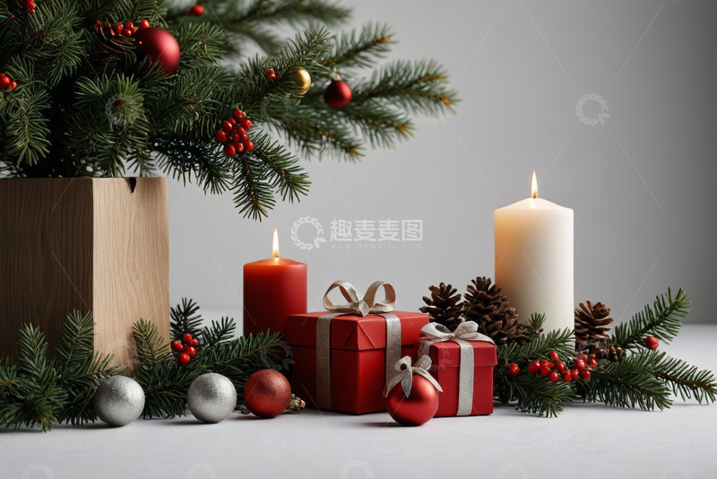 高清大图下载【趣麦麦图】圣诞节装饰与礼品静物场景