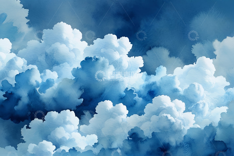 高清大图下载【趣麦麦图】蓝天白云水彩风格天空景象