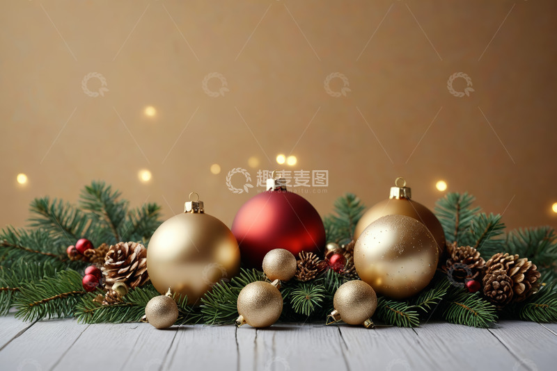 高清大图下载【趣麦麦图】圣诞装饰球与松枝静物