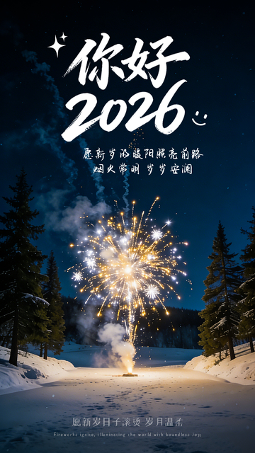 你好2026雪夜烟火新年祝福语文字海报