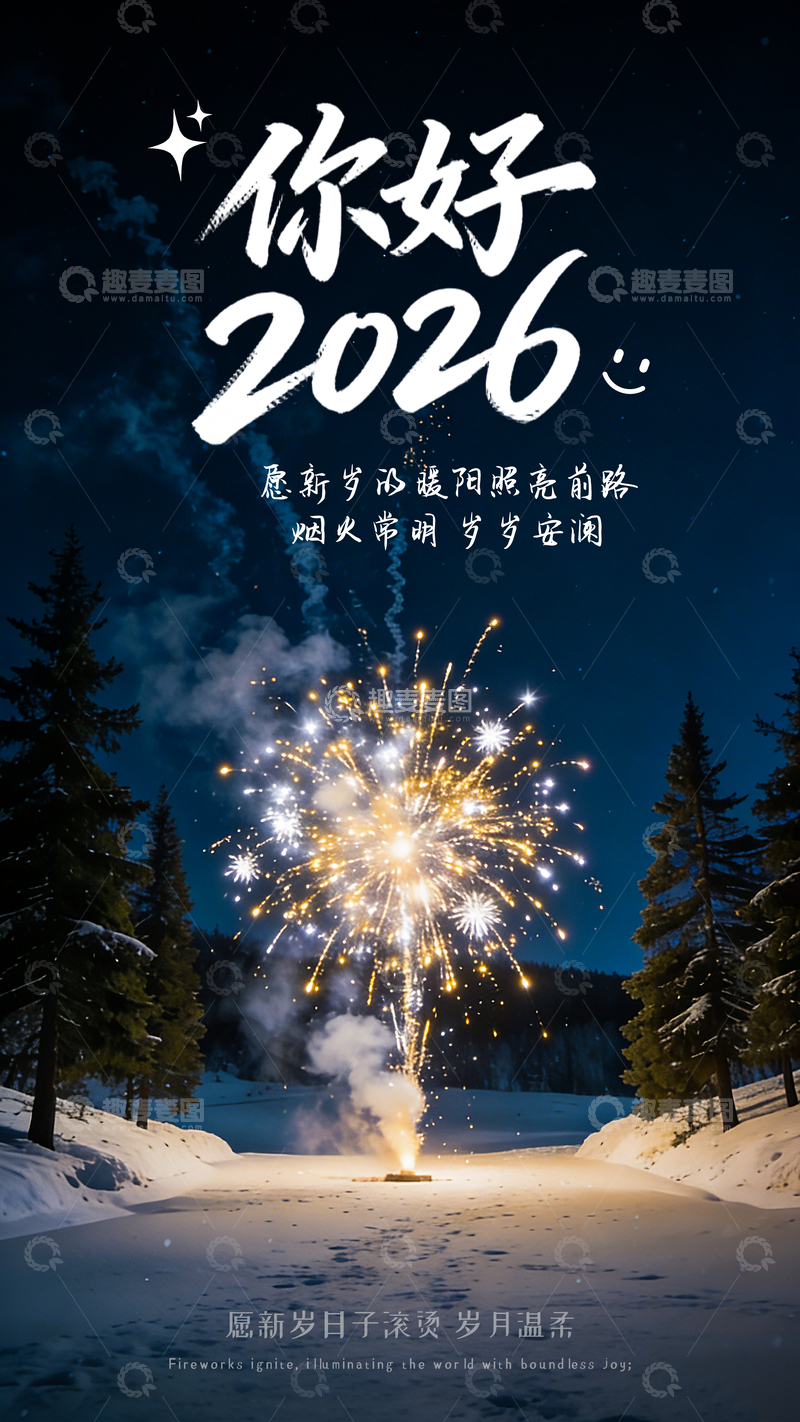 源文件下载【趣麦麦图】你好2026雪夜烟火新年祝福语文字海报
