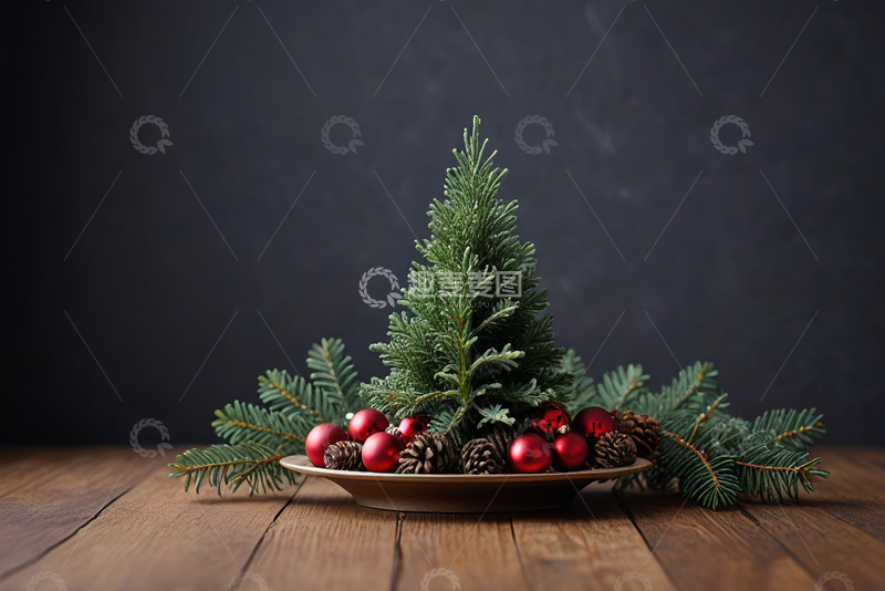 高清大图下载【趣麦麦图】木质桌面上的圣诞装饰小树