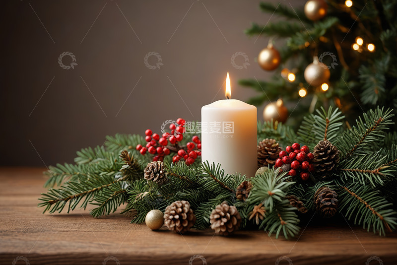 高清大图下载【趣麦麦图】圣诞节蜡烛与松枝装饰
