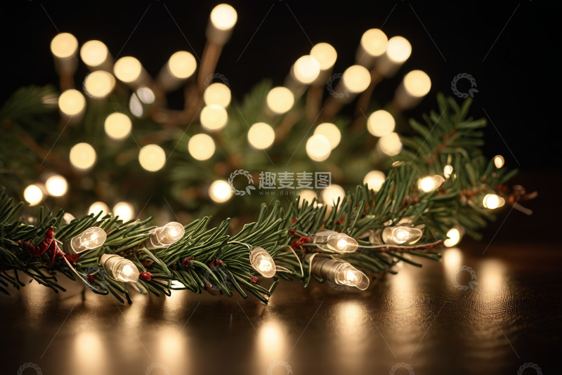高清大图下载【趣麦麦图】圣诞装饰松枝与亮灯特写