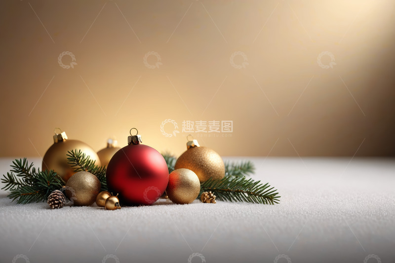 高清大图下载【趣麦麦图】圣诞装饰球与松枝静物