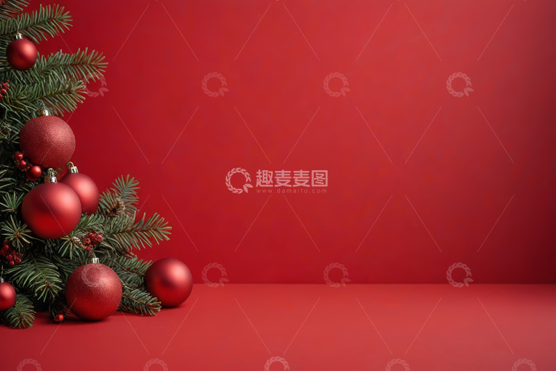 高清大图下载【趣麦麦图】红色背景下的圣诞树装饰