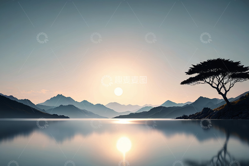 高清大图下载【趣麦麦图】山水间落日与孤树风景