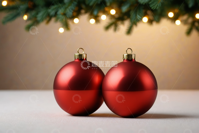 高清大图下载【趣麦麦图】红色圣诞装饰球与圣诞树背景