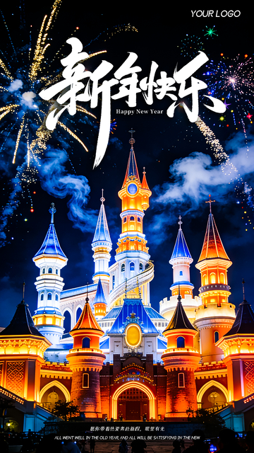 2026烟花夜景跨年城堡新年庆祝海报