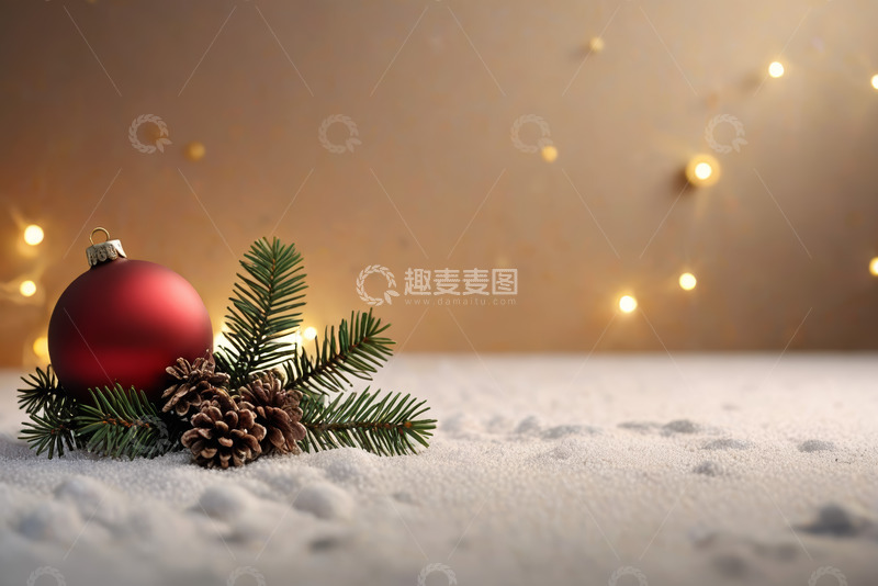 高清大图下载【趣麦麦图】雪地中的圣诞装饰球与松枝