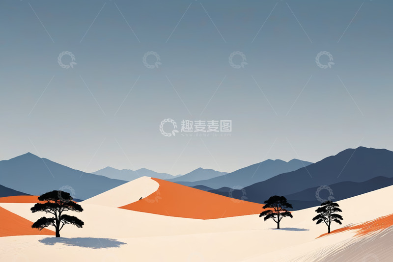 高清大图下载【趣麦麦图】沙漠山脉间的稀疏树木景观