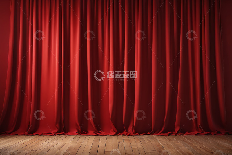 高清大图下载【趣麦麦图】舞台红色幕布与木质地板