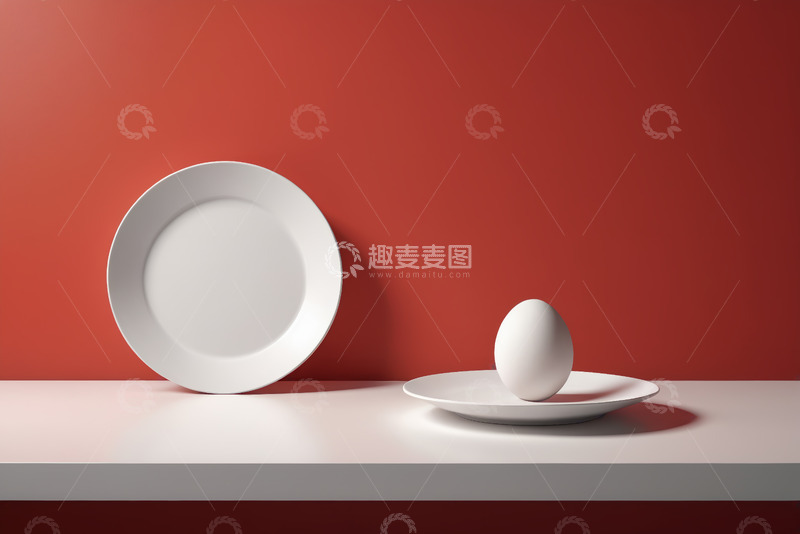 高清大图下载【趣麦麦图】红背景下白盘子与鸡蛋静物