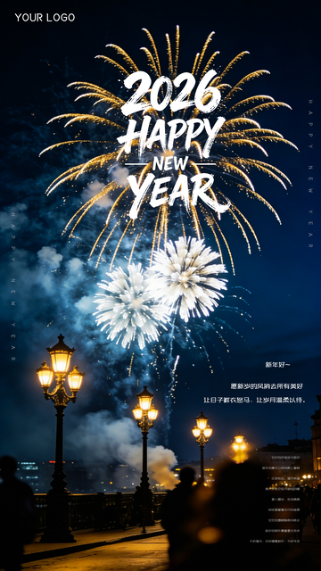 2026元旦烟花新年庆祝唯美夜景海报