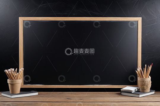 木桌上的空白黑板与文具