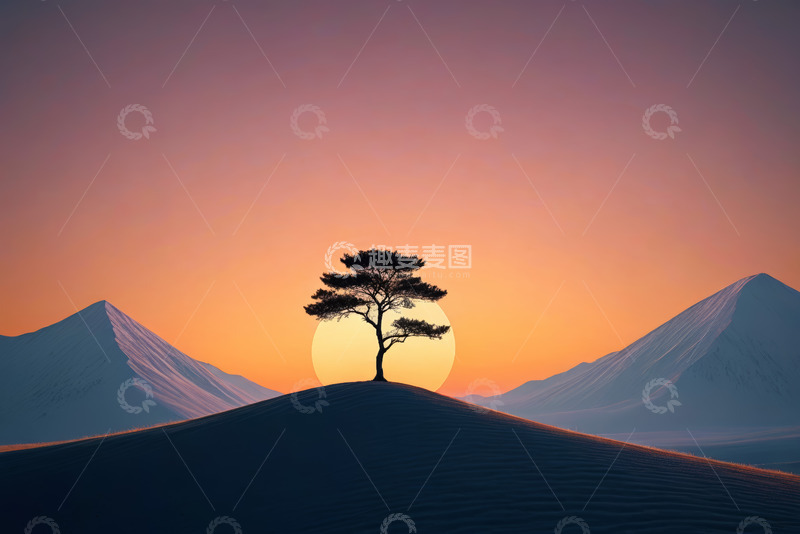 高清大图下载【趣麦麦图】夕阳下山顶孤树自然风光