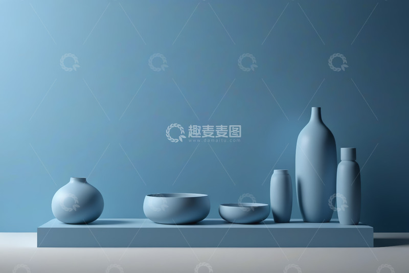 高清大图下载【趣麦麦图】蓝色背景下的简约陶瓷器皿