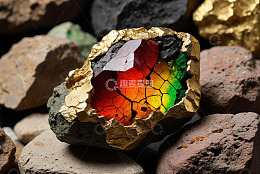 多彩水晶镶嵌于岩石之上