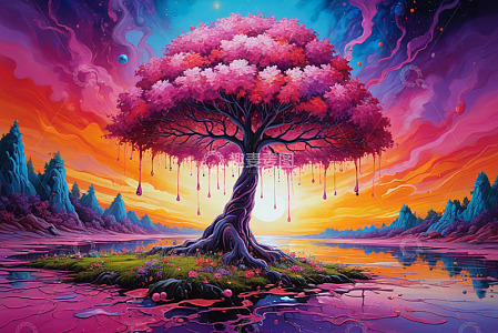 梦幻色彩的湖畔大树景观