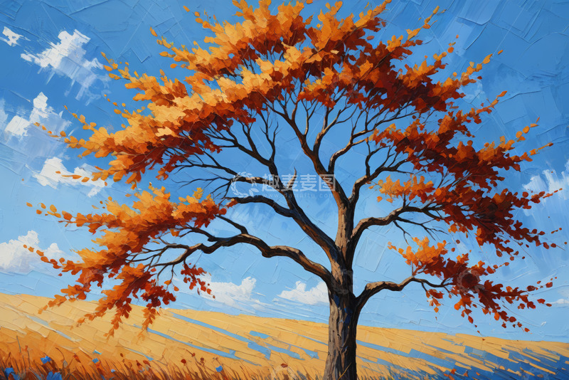 高清大图下载【趣麦麦图】秋天田野中的橙叶大树